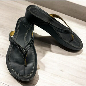 OluKai Women's Malae Malae Wedge Thong Flip Flop Black Leather US Size 8 EUR 38